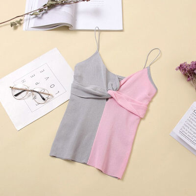 

Women Deep V Neck Vest Color Matching Knitting Camisole Elastic Tight-fitting Sleeveless Female Vests Sexy Ladies Tank Top