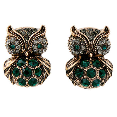 

Green Crystal Owl Stud Earrings Antique Gold Color Vintage Jewelry Cute Women Accessories Valentines Gift