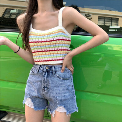 

Womens Sleeveless Colorful Striped Pullover Knitted Tank Top