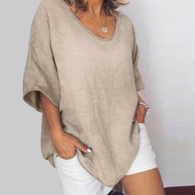 

Women Loose Fit Tee Tops Cotton Linen Half Sleeve T Shirts Blouse Plus Size