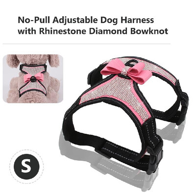 

Dog Harness No-Pull Adjustable Rhinestone Diamond Bowknot Chest Straps Bow Vest with Leash Reflective Nylon Pet Vest for Dogs