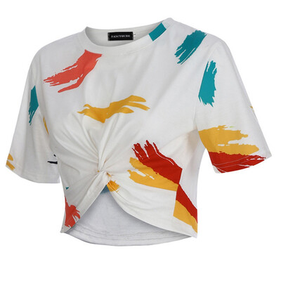 

Women Fashion Summer Short Sleeve Graffiti Print T Shirts round Neck Casual Cropped Top