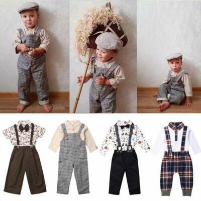 

Newborn Baby Boy Round Neck Long Sleeve Shirt Plaid Strap Trousers Clothes Set