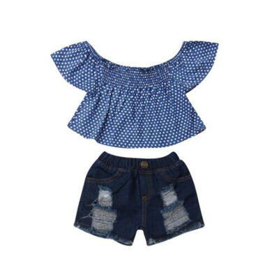 

USToddler Kid Baby Girl Off Shoulder Top Ripped Short Pants Denim Outfit Clothes