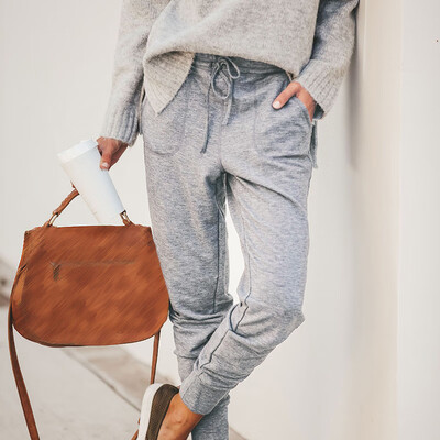 

Fashion Womens Loose Casual Pants Mid-Waist Pocket Lace-up Sports Trousers 2019