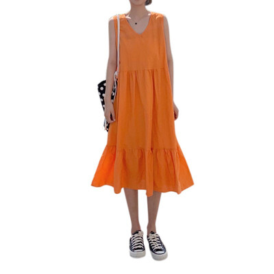 

Women Summer Fashion Concise Casual All-match Solid Color Loose Sleeveless Dresses