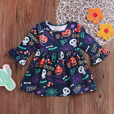 Toddler Baby Girls Pumpkin Flare Sleeve Cartoon Print Dress Halloween Clothes