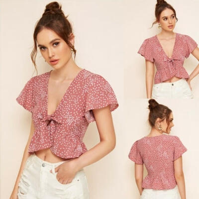 

Womens ruffle Polka Dot Ruffle Hem Tie Front Top bow V Neck T-shirts Blouse
