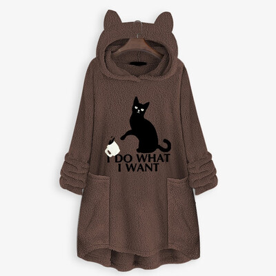 

Tailored Women Fleece Embroidery Cat Ear Plus Size Hoodie Pocket Top Sweater Blouse