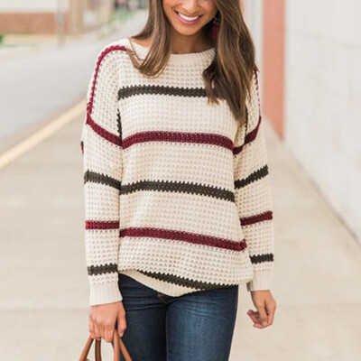 

Women Casual Long Sleeve Stripe Print Loose Knitwear Pullover Tops Warm Sweater