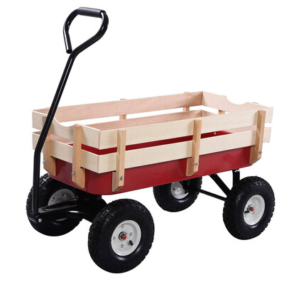 

Outdoor Pulling Garden Cart Wagon with Wood Railing