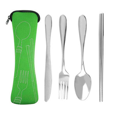 

4pcs Stainless Steel Cutlery Set Knife Fork Spoon Chopsticks with Cloth Bag