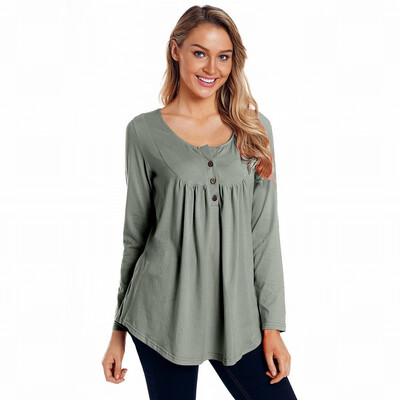 

Solid color V-neck button long-sleeved womens T-shirt casual slimming shirt