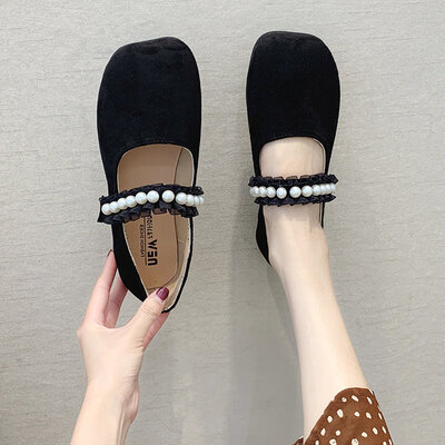 

Summer&autumn matching skirt retro square Pearl elastic belt shallow flat bottom Mary Jane single shoe suede