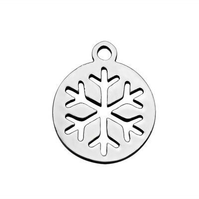

304 Stainless Steel Charms Flat Round with Snowflake Stainless Steel Color 14x12x1mm Hole 15mm