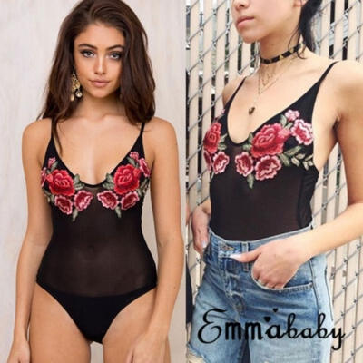 

Women Mesh Embroidered Bodysuit Leotard Top Blouse Sleeveless Stretch Jumpsuit Rompers