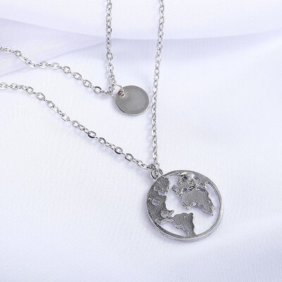 

Fashion Round Sequined Multi Layer Pendant Necklace For Women Ladies Charm Gold Silver Color World Map Choker Necklace Jewelry