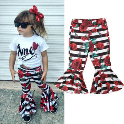 

UK Canis Kid Baby Girl Striped Flower Bell-Bottoms Long Pants Leggings Trousers