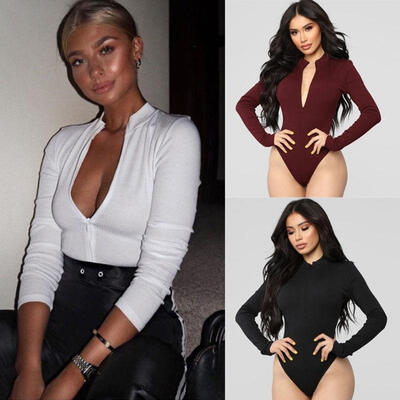

Women Long Sleeve V Neck Casual Jumpsuit Stretch Leotard Bodysuit Tops Blouse