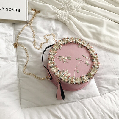 

2019 new wild portable small round bag female chic embroidered Sen fairy neem bag lace chain shoulder bag