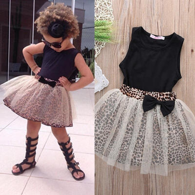 

NEW Kid Baby Girl Sleeveless Round Collar TopLeopar Lace Dress 2Pcs Suit Outfit Set