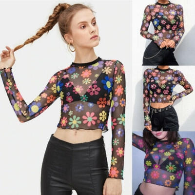 

Women&39s Colorful Flower Print See-through Sexy Long Sleeve Crop Top Splendid
