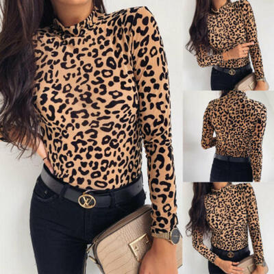

CA Women Leopard Print Turtle Neck Blouse Autumn Long Sleeve T-shirts Party Tops