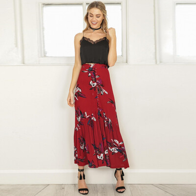 

Roseonmyhand Womens Casual Flower Printing High Waist A-Line Long Skirt