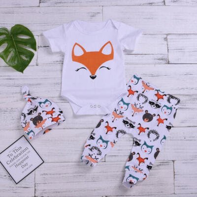 

UK Newborn Baby Girl Boy Fox Tops Romper Long Pants Hat Outfits Clothes 3Pcs Set