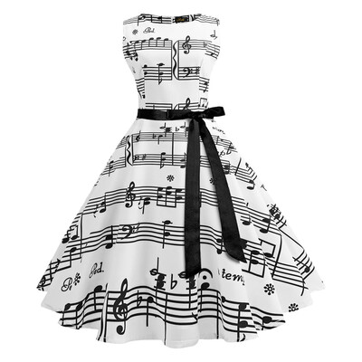 

Vintage Boat Neck Sleeveless Belted A-line Women Note Print Dress