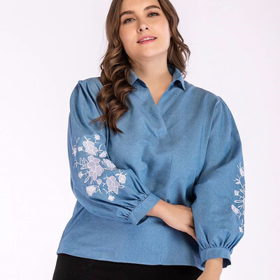 

Women V-neck Printed Embroidered Long Sleeved Denim Plus Size T-shirt