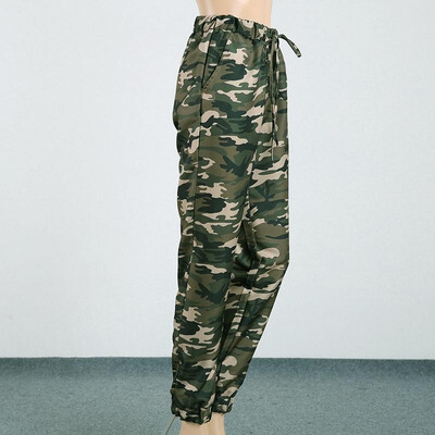 

Fashion Women Long Pants Camouflage Print Elastic Waist Casual Camo Trousers Green