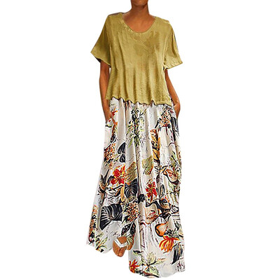 

Women Casual Vintage Summer Dresses Printing Patchwork O-Neck Two Pieces Plus Size Pockets Maxi Linen Dress