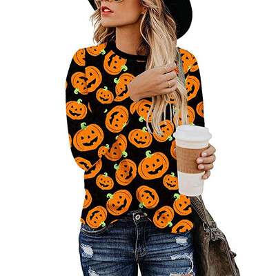 

Tailored Women Halloween Pumpkin Shirts Round Neck Long Sleeve Patchwork Sweatshirt Tops