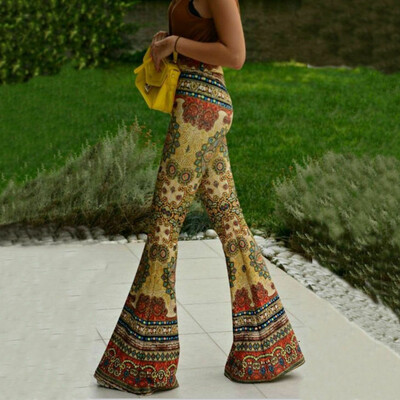 

Womens Boho Hippie High Waist Printed Wide Leg Long Flared Bell Bottom Pants