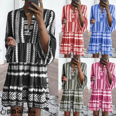 

US Women Floral Boho Sundress Summer Holiday Beach Long Sleeve Short Mini Dress