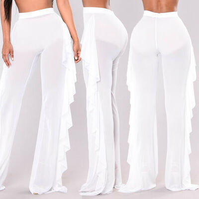 

Fashion Womens See Through Sheer Mesh Ruffle Swimsuits Beach Cover up Pants