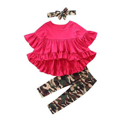3pcs Girls Ruffle Sleeve Cute Dresses Camo Print Pants Headband Clothes Set
