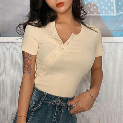 

Women Tank Tops Short Sleeve Crop T-Shirt Blouse Oblique Buckle Clubwear Outwear