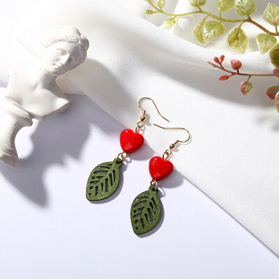 

Women Japanese And Korean Style Fashion Design Sweet Pearl Earrings Red Love Geometric Asymmetrical Peach Heart Earrings