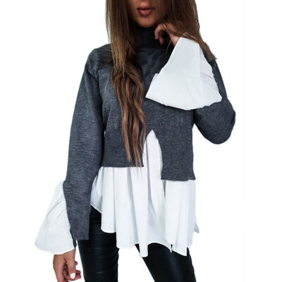 

Autumn Women T Shirt Fashion Bottoming Patchwork Long Flare SleeveTop Basic T-shirt Women