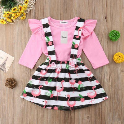 

Kids Baby Girl Long Sleeve Tops Flamingo&Flower Tutu Dress Skirt Party Clothes