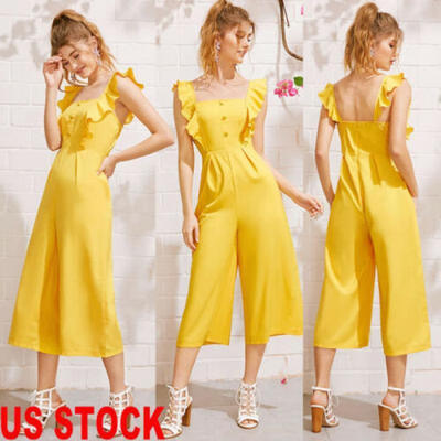 

US New Fashion Womens Sleeveless Solid Ruffle Jumpsuit Romper Casual Clubwear