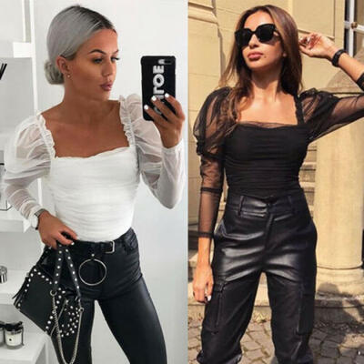 

UK Women Sheer Tee Casual T-shirt Lady Mesh Puff Sleeve Blouse Slim Clubwear Top