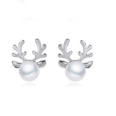 

2019 Hot Fashion Bijoux Christmas Gift Antlers Silver Plated & Gold Color Simulated Pearl Crystal Stud Earrings Women Jewelry