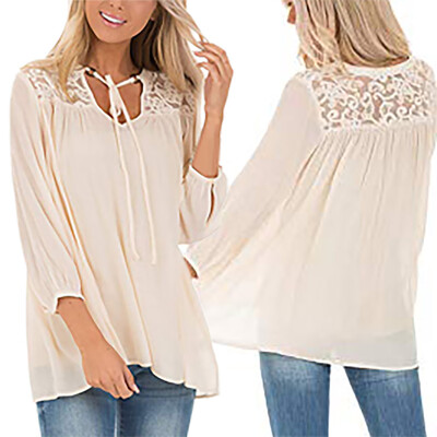 

Starmoon Womens Round Neck Long Sleeve T Shirt Soft Loose Blouse Buttoned Lace Tops