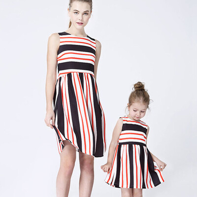 

Mommy＆Me Child O-Neck Sleeveless Printing Stripe Splicing Family Clothes Dress