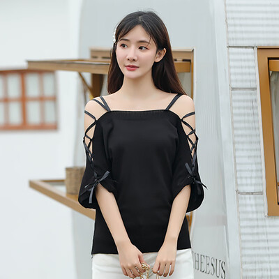 

Womens Half Sleeve Cold Shoulder Hollow Out Lace Up Knitted Loose Pullover Top T-Shirt