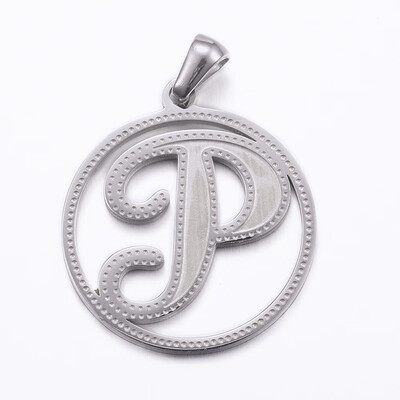 

304 Stainless Steel Pendants Flat Round with LetterP 28x25x12mm Hole 6x35mm