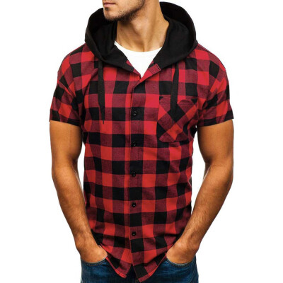 

Toponeto Fashion Mens Summer Hooded Pocket Short Sleeve Plaid T-shirt Top Vest Blouse